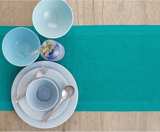 Solino Home Linen Hemstitch Table Runner 36 Inches - 100% Pure Linen Teal Table Runner 14 x 36 Inch Ideal for Dresser and Coffee Tables - Classic Hemstitch