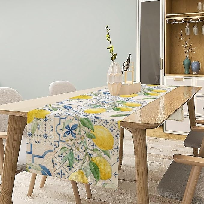 Vintage Lemon Table Runner, Watercolor Yellow Lemons Blue Tiles Spring Summer Seasonal Kitchen Dining Table Decoration for Indoor Outdoor Party, 13x120inch