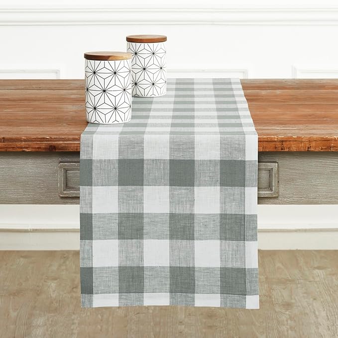Solino Home Linen Checkered Table Runner 108 Inches Long - 100% Pure Linen Grey and White Buffalo Check Table Runner 14 x 108 Inch Ideal for Dining, Spring, Easter