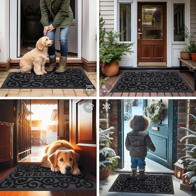 Smiry Welcome Door Mat Outside Entrance, Heavy Duty Trap Dirt and Moisture Easy Clean Low Profile Patio Porch Indoor Outdoor Front Doormat for Entry, 36x24 Inch, Black