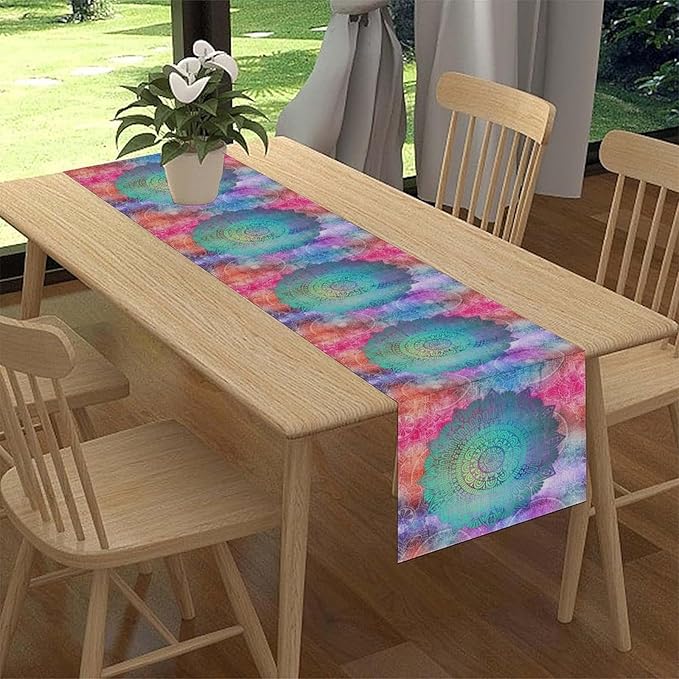 Bohemian Flroal Table Runner, Vintage Colorful Pink Boho Geometric Mandala Flower Paisley Rustic Coffee Table Center Decor for Family Kitchen and Living Room Outdoor Table Decorations, 13"x90"