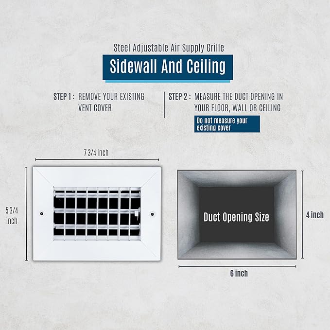 Fits 6x4 Duct Opening Steel Adjustable Air Supply Grille by Handua | Register Vent Cover Grill for Sidewall and Ceiling | White | Outer Dimensions: 7.75" X 5.75"