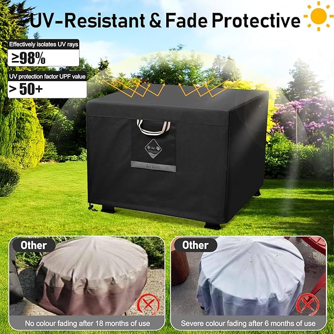QH.HOME Fire Pit Cover Square Super Waterproof, 44" L x 44" W x 24" H Outdoor Firepit Table Cover 600D Strong Tear Resistant, UPF 50+ Fire Pit Cover Fading Resistant for Square Fire Pit - Black