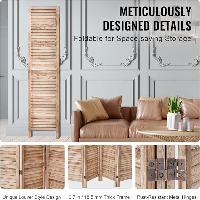 VEVOR Wood Room Divider, 4 Panel Wood Folding Privacy Screen, 66.9 Inches Tall Indoor Louvered Wooden Partition, Portable Decoration Screen, for Room Separation, Home, Office, Restaurant & Bedroom