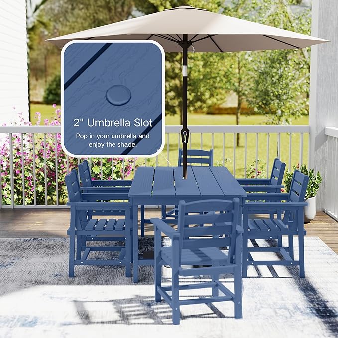 7 Piece Patio Dining Set with 11ft Patio Umbrella (Navy), 7 Navy Outdoor HDPE Dining Set with 6 Chairs + 1 Large Table with 2" Umbrella Hole, for Market, Pool, Garden, Backyard, Deck