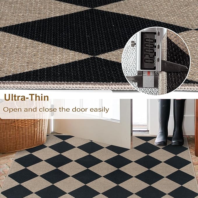 Easy Jute Checkered Area Rug, 4x6 Black Modern Washable Rugs for Living Room Non-Slip Low Pile Entryway Mat, Farmhouse Diamond Indoor Outdoor Carpet for Kitchen Backyard Bedroom Office