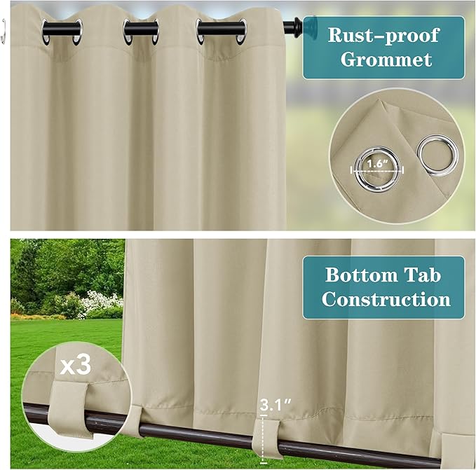 HolidayIdeas Outdoor Curtains for Patio Waterproof 4 Panels 110x84 Inch-Windproof Weatherproof Privacy Wide Cream Curtains-Grommet Top and Tab Bottom Drape for Pergola, Porch, Gazebo, Backyard