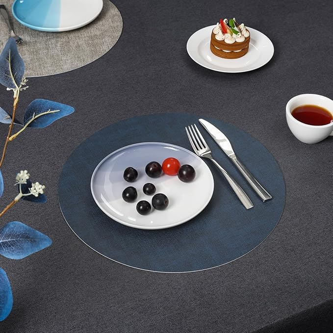 Myir JUN Round Placemats Dual Sided, Faux Leather Place Mats Set of 4 Indoor Placemats for Dining Table Outdoor Placemats Non-Slip Washable Table Mats (Set of 8, Gray Blue)