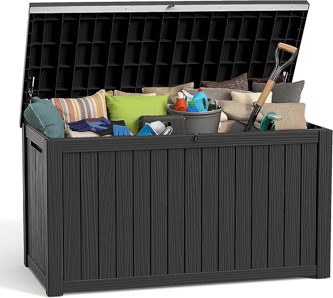 EasyUp 200 Gallon Outdoor Storage Box Waterproof, UV Resistant Resin Deck Box with Hydraulic Rod, Reinforced Stability for Patio, Garden, and Pool, Striped Black
