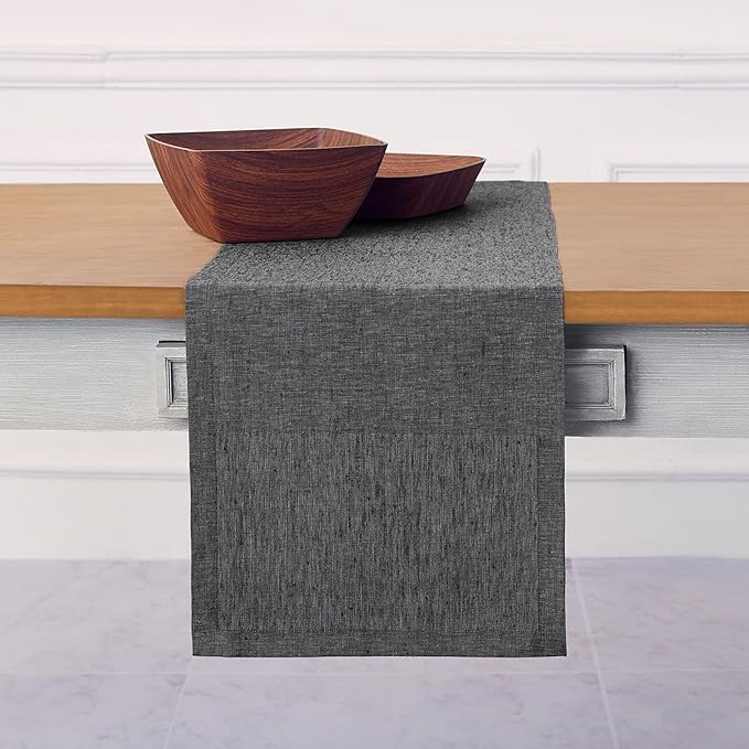 Solino Home Linen Small Table Runner 60 Inches - Athena, 100% Pure Linen Charcoal Grey Table Runner 14 x 60 Inch Ideal for Dresser and Coffee Tables - Winter