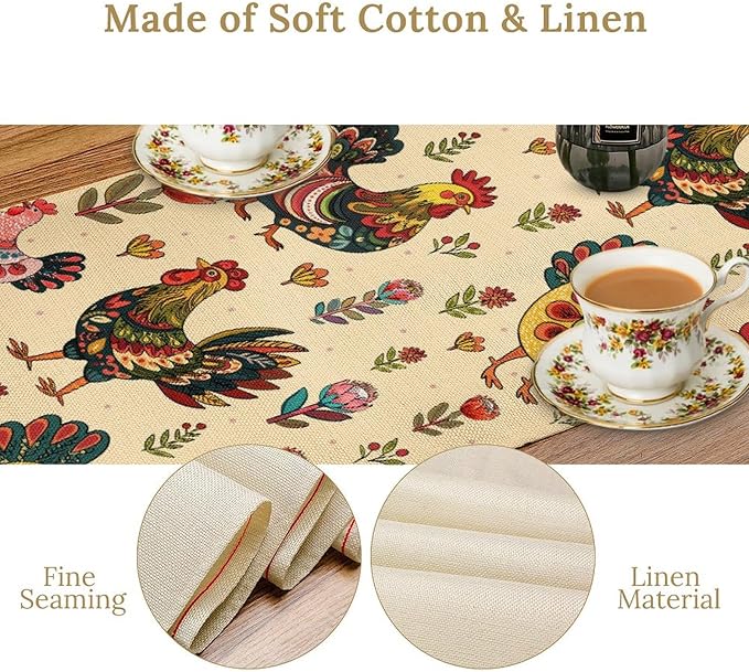 Rustic Farm Animal Table Runner, Vintage Rooster Boho Flowers Table Runner for Kitchen Dining Holiday Home Party 13x90in