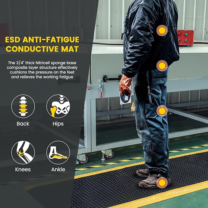 3' x 5' ESD Anti-Fatigue Conductive Mat, Durable Heavy Duty Diamond Plate, Soft Sponge Ergonomic Mat, Non Slip Waterproof Floor Mats for Commercial&Industrial Work, Thick 3/4” Black with Yellow Border