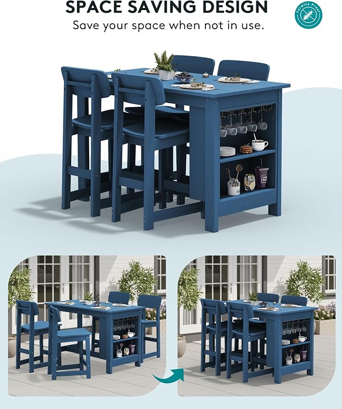 SERWALL 8-Piece HDPE Counter Height Dining Table Sets with Storage and Wine Rack, 2 Rectangular Bar Table with Bar Stools Set of 6 for Garden, Backyard, Kitchen, Blue