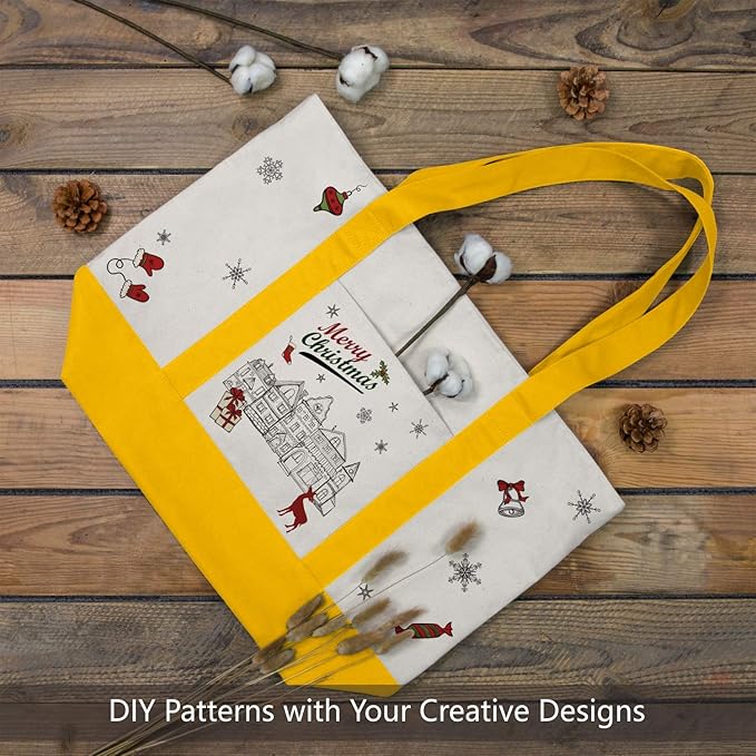 TOPDesign 3-Pack Canvas Tote Bags with an External Pocket, Reusable Grocery Shopping Bags, Top Zipper Closure, Daily Essentials (Yellow/Natural)