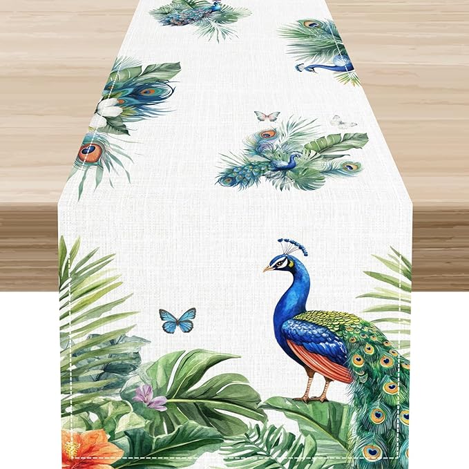 Peacock Table Runner,Traditional Chinese Style Peacock Feather Bird Floral Tropical Leaf Table Center Decor for Home Dining Kitchen Patio Holiday Party Indoor Table Decorations, 13"x108"