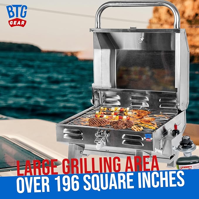 Tailwaves Marine Grill w/Rod Holder Mount | Stainless Steel | Propane BBQ for Boats & Tailgating & Camping | Built in Thermometer | Portable | Fold-away legs