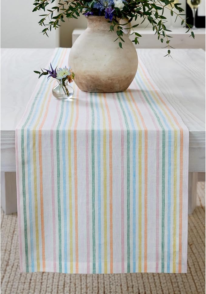 Solino Home Linen Table Runner 36 Inches - Julia 100% Pure Linen Multicolor Muted Pastel Stripe Table Runner 14 x 36 Inch Ideal for Dresser and Coffee Tables, Spring, Easter