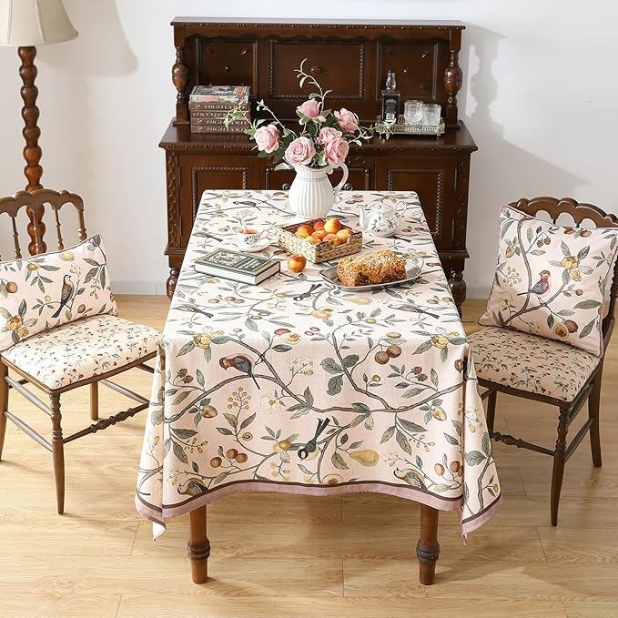 Linen Table Cloth Rectangle,Wrinkle Resistant French Pink Tablecloth Print with Froal,Decor Stitch Table Cloth for Thanksgiving,Dining Room,Home,Kitchen 55" × 87"-Dewey A