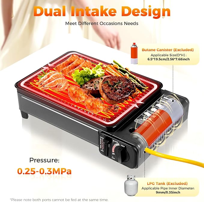 Portable Gas Grill Butane Stove, Portable Camping Grill Gas Stove Free Standing BBQ Grill with Grilling Net & Carry Case Dual Fuel Tabletop Outdoor BBQ Stoves for Camping Traveling Cooking