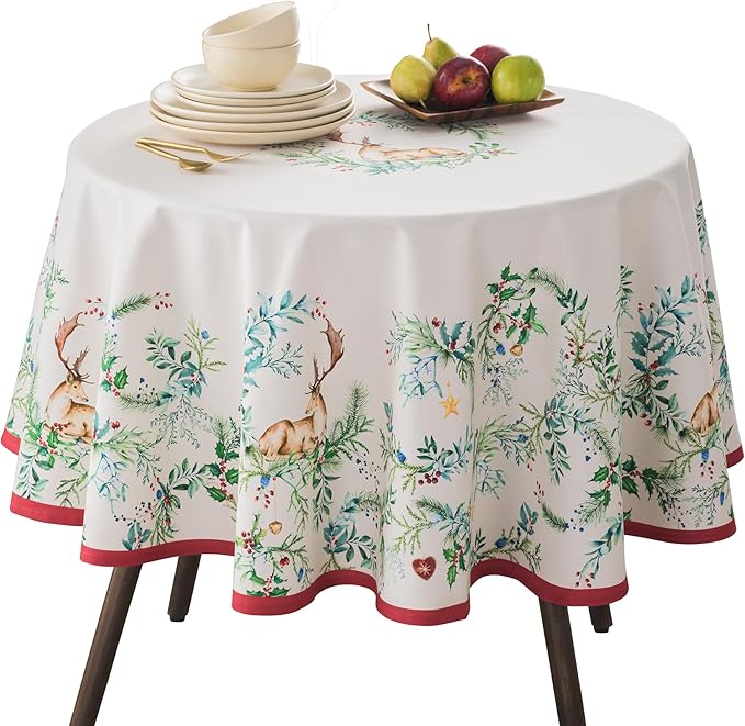 Maison d' Hermine Table Cloth Round Table 100% Cotton 63 Inches Fall Tablecloth Reusable Everyday Use for Thanksgiving Christmas Decorations Dining Farmhouse Party (Holly Time)