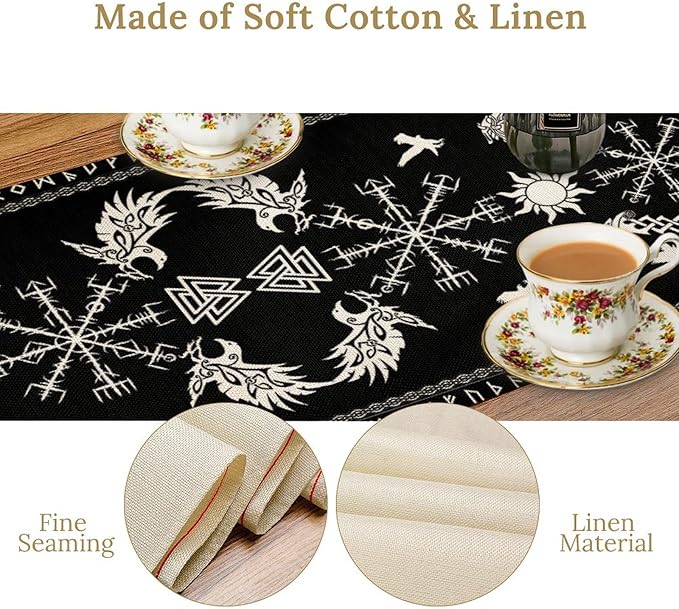 Viking Table Runner, Black Viking Tree of Life Raven Helmet of Awe Table Runner for Kitchen Dining Home Party 13x36in
