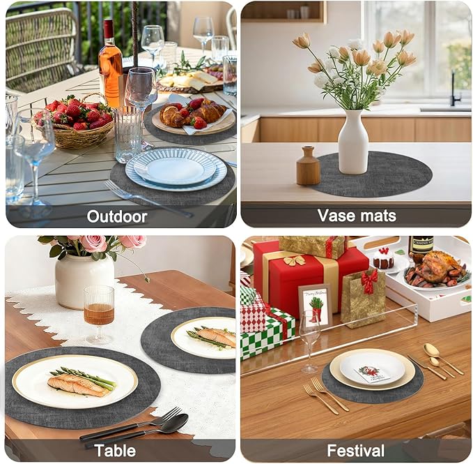 Round Faux Leather Placemats and Coasters, Set of 8, Reversible Heat Resistant Non-Slip Table Mats, Waterproof Wipeable Place Mats for Dining Table, Washable for Indoor & Outdoor (8, Dark Grey)