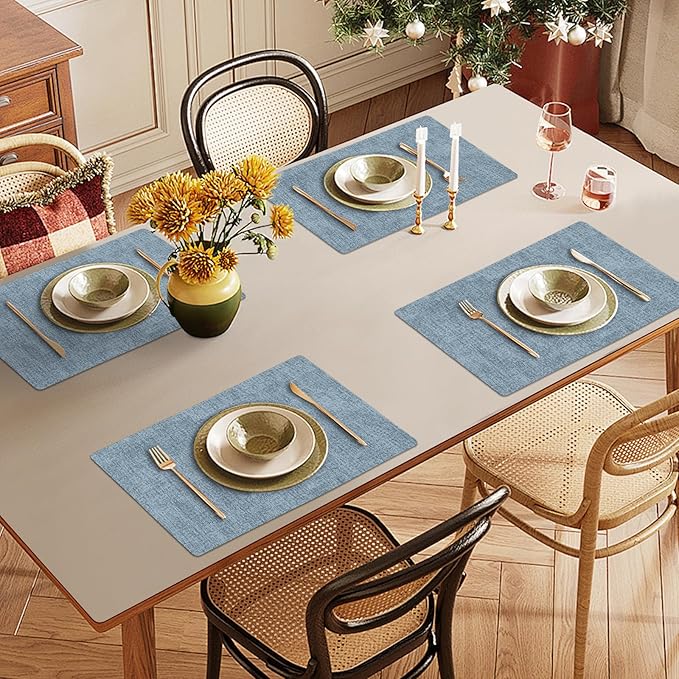 Faux Leather Heat Resistant Placemats Set of 4 – Waterproof Oilproof Wipeable Dining PU Place Mat Easy Clean Table Mats for Kitchen/Dining/Party/Holiday, Blue