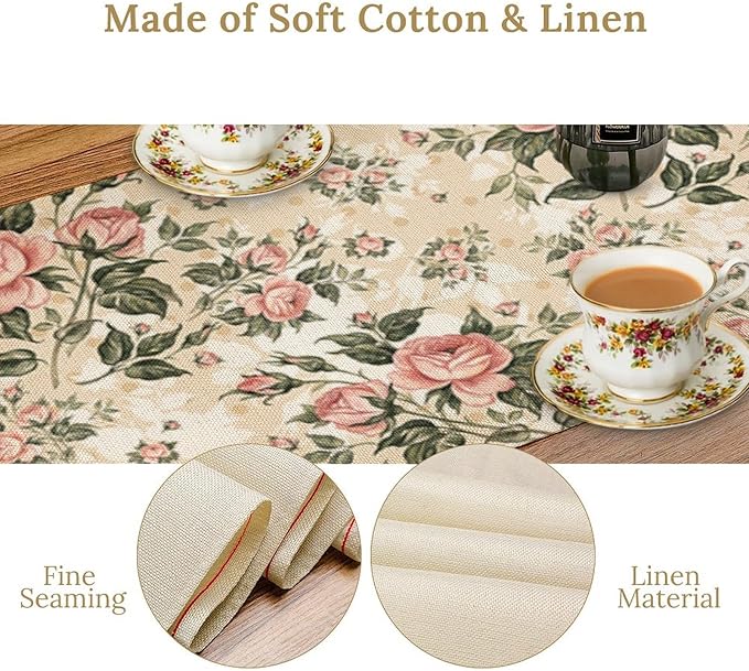 Rose Floral Table Runner,Vintage Watercolor Spring Summer Seasons Flowers Table Decoration for Wedding Holiday Indoor Outdoor Home Party 13x70in