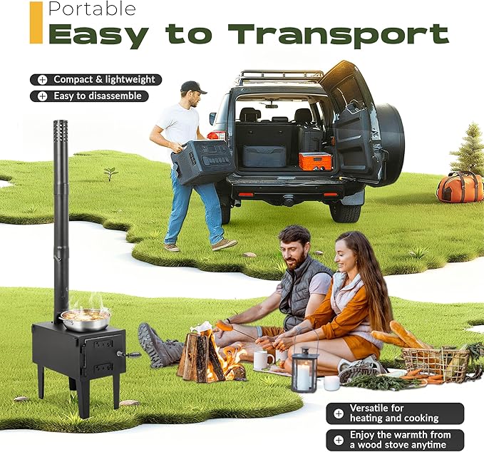 HECASA Wood Burning Stove Tent Camping Stove for Outdoor Cooking Fishing Hiking Travel Portable Heater with Storable Chimney Pipes Steel
