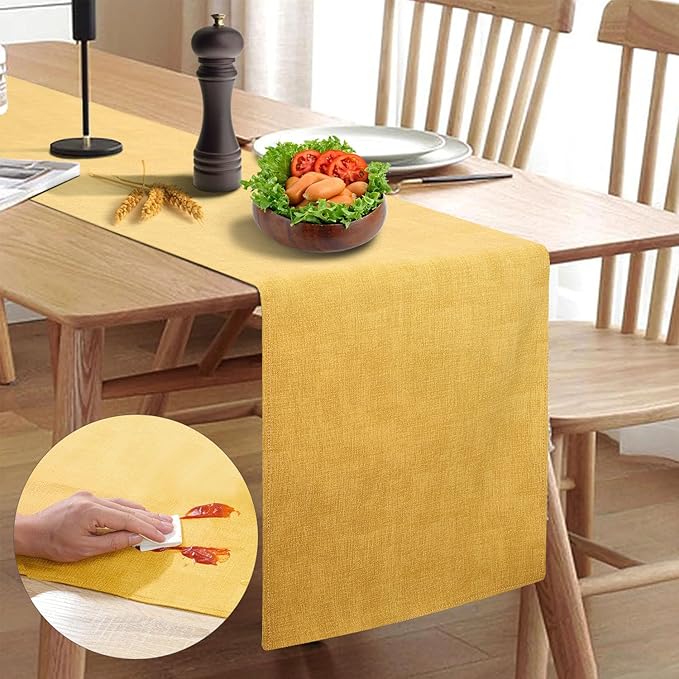 Wipeable Table Runner, Thick Farmhouse Dresser Runner, Rustic for Kitchen, Bedroom, Living Room, Indoor and Outdoor (36'', Mustard Yellow)