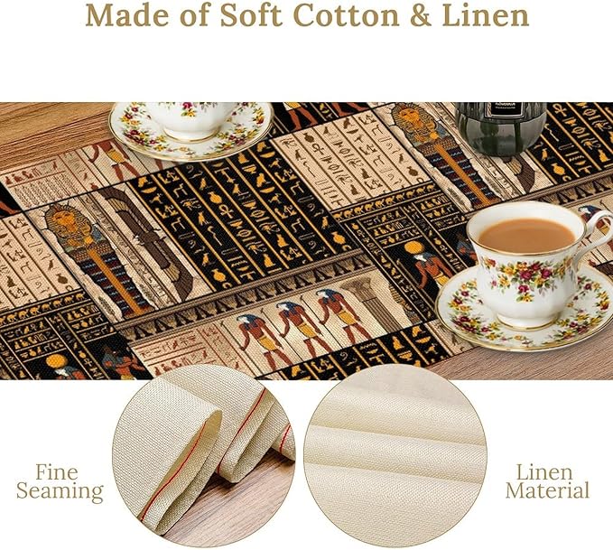 Ancient Egyptian Table Runner, Vintage Abstract Mystical Hieroglyphics Culture Table Runner for Dining Coffee Party Holiday Farmhouse 13x70in