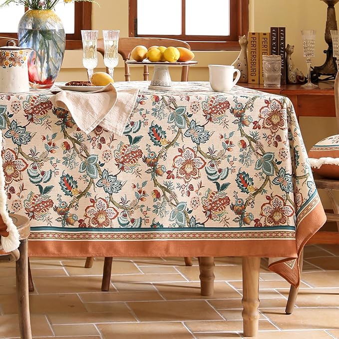 Linen Colorful Vintage Small Square Tablecloth,Indian Block Print Colorfast Durable Table Cloth,Decor Table Cover for Kitchen,Dining,Tea Party,Thanksgiving,Christmas,55"*55"-Mangala