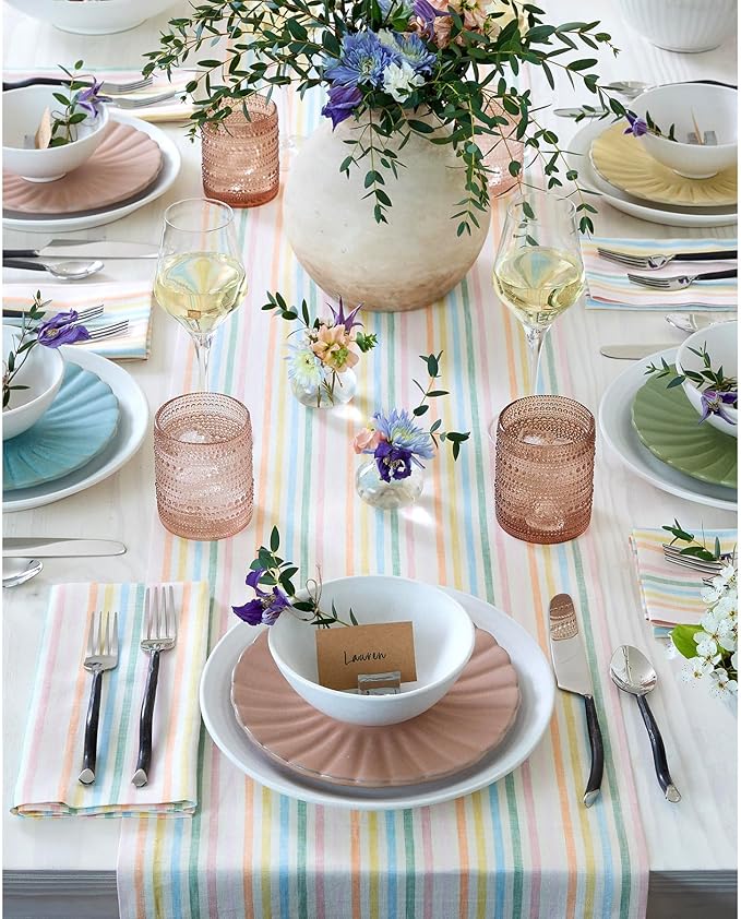 Solino Home Linen Table Runner 36 Inches - Julia 100% Pure Linen Multicolor Muted Pastel Stripe Table Runner 14 x 36 Inch Ideal for Dresser and Coffee Tables, Spring, Easter