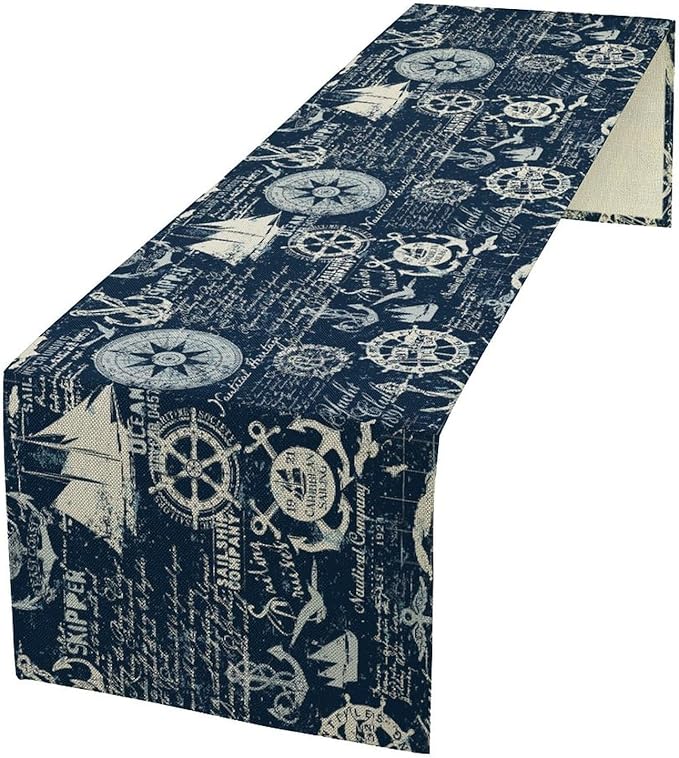 Marine Ship Table Runner, Nautical Pattern Seasonal Farmhouse Sea Rustic Kitchen Dining Table Decoration for Holiday Home Party Festival 13x70in