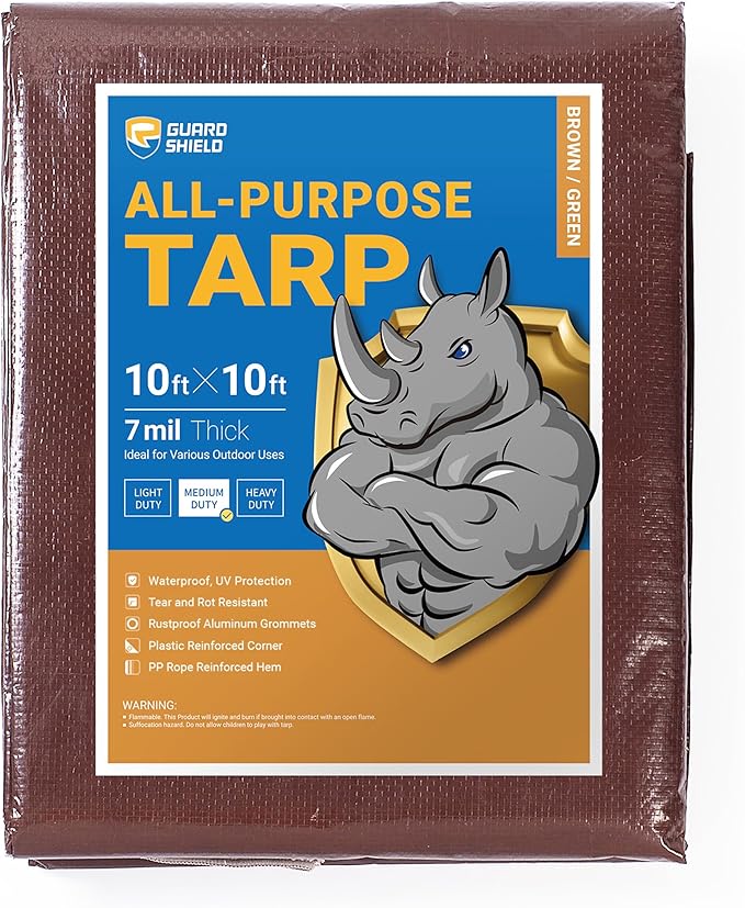 GUARD SHIELD Brown/Green Tarp 10x10 Feet Medium Duty Outdoor Waterproof Multi Purpose Poly Tarps Cover 7mil