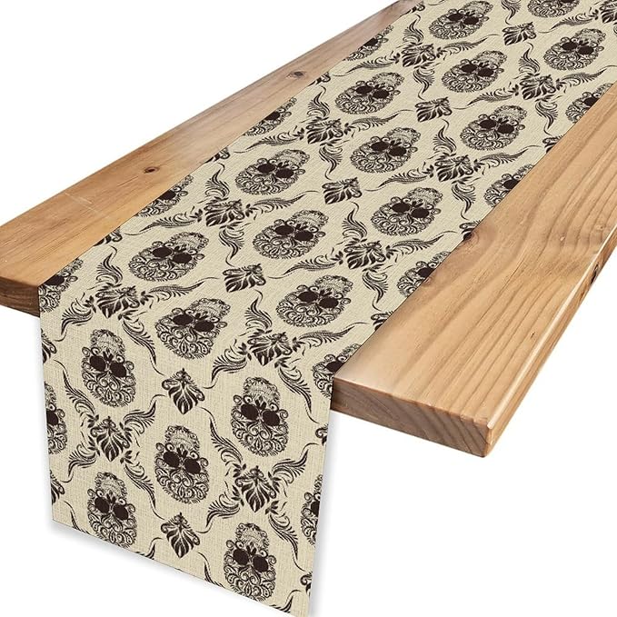 Gothic Table Runner, Retro Antique Damask Skull Pattern Classic Halloween Boho Black Coffee Vintage Table Center Decor for Kitchen and Dining Outdoor Home Country Party Table Decorations, 13"x90"