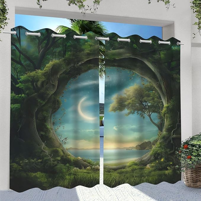 Forest Theme Outdoor Curtains for Patio Waterproof,Trees Moon Lake Pattern,Privacy Curtains for Porch Pergola Arbor Lanai Pool House Outside Deck,Set of 2 Panels,W54 x L108,Green