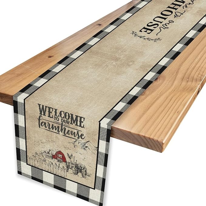 Farmhouse Table Runner, Rustic Country Barn Cottage Check Animal Coffee Table Center Decor for Home Kitchen Dining Patio Holiday Party Indoor Outdoor Table Decorations 13"x90"