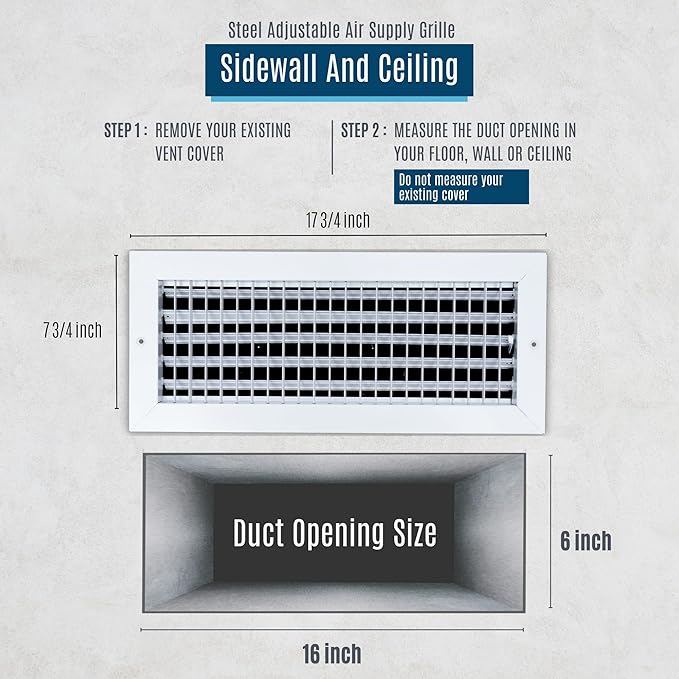 Fits 16x6 Duct Opening Steel Adjustable Air Supply Grille by Handua | Register Vent Cover Grill for Sidewall and Ceiling | White | Outer Dimensions: 17.75" X 7.75"