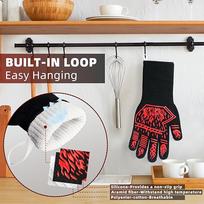 BBQ Gloves, 1472°F Heat-Resistant and Anti Slip Long Grilling Gloves, One Size Fits All, Gift Two Hooks, Excellent Hand and Wrist Protection in The Kitchen/Fireplace/Griddle/Smoker/Fire Pit