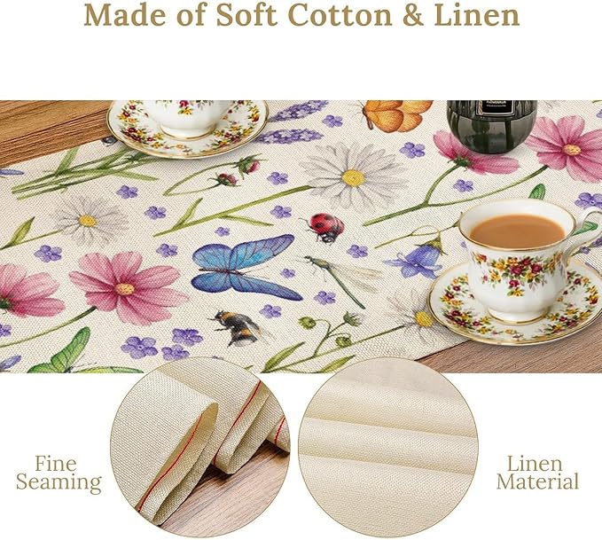 Flower Floral Table Runner, Butterfly Wildflowers Daisy Spring Summer Rustic Table Runner for Farmhouse Holiday Kitchen Dining Outdoor Home Party 13x90in