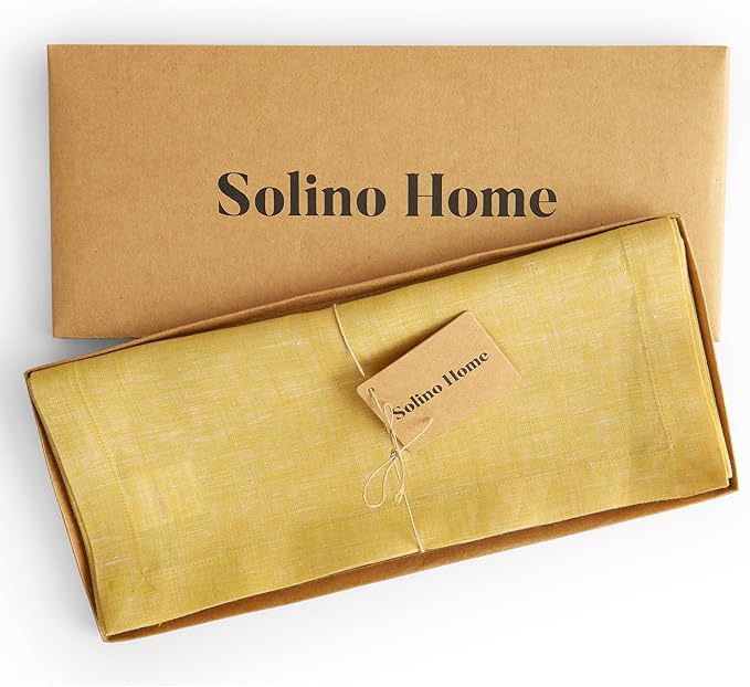 Solino Home Linen Table Runner 144 Inches Long - Athena, 100% Pure Linen Chambray Lemon Yellow Table Runner 14 x 144 Inch for Dining, Spring, Easter