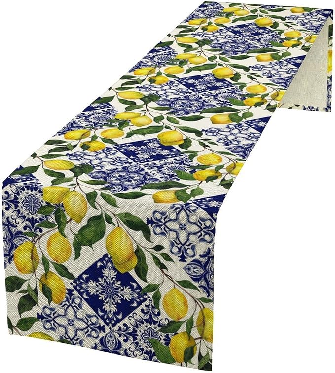 Lemon Fruit Nature Table Runner Farmhouse Talavera Ethnic Folk Rustic Watercolor Blue Dining Table Decoration for Home Holiday Party Dresser Kitchen Cabin Restaurant Wedding Decor 13×60in