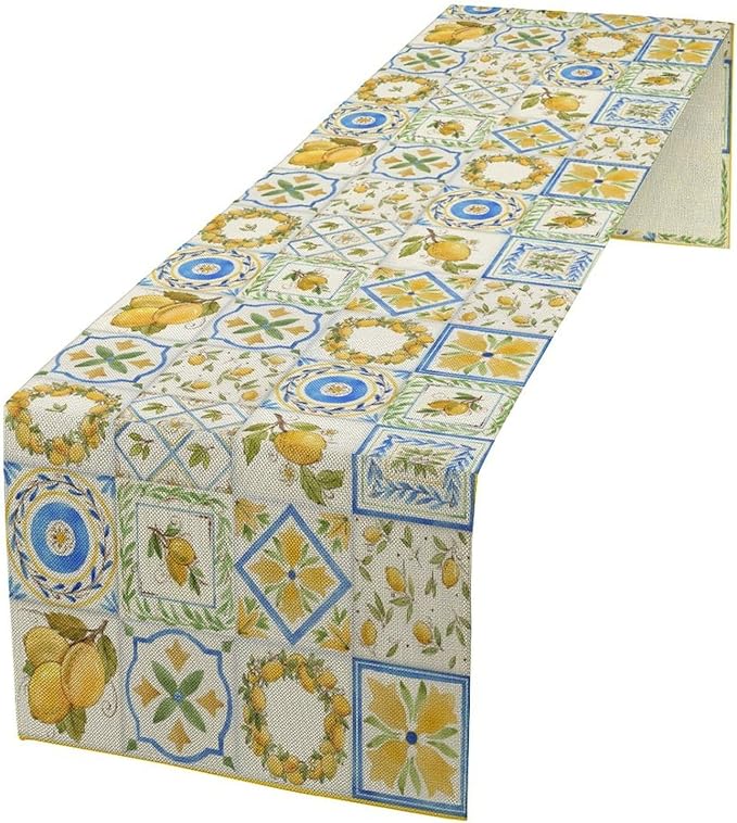 Yellow Lemon Summer Table Runner, Watercolor Spring Yellow and Blue Flower Hawaiian Style Table Runner for Holiday Party Home Kitchen Dining Table, 13x90inch