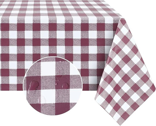 Romanstile Rectangle Vinyl Tablecloth, 100% Waterproof Buffalo Gingham Plastic Table Cloth, Heavy Duty Wipeable Checkered Table Covers for Outdoor, Camping, Picnic, Patio - 54 x 108, Burgundy