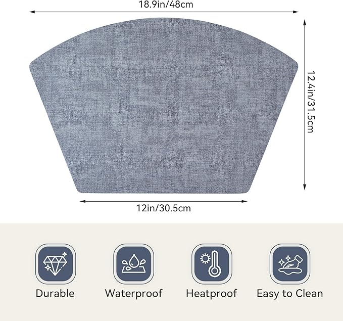 Round Table Placemats Set of 4, Faux Leather Wedge Shape Place Mats Heat Resistant Wipeable Washable Table Mats for Dining Outdoor Indoor, Blue