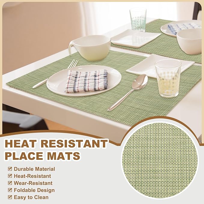 uxcell Faux Linen Placemats, 12x18 Inch Heat Resistant Place Mats Machine Washable Non-Slip Cloth Placemats for Dining Table Kitchen Indoor Outdoor Home Decoration(Green,4Pcs)
