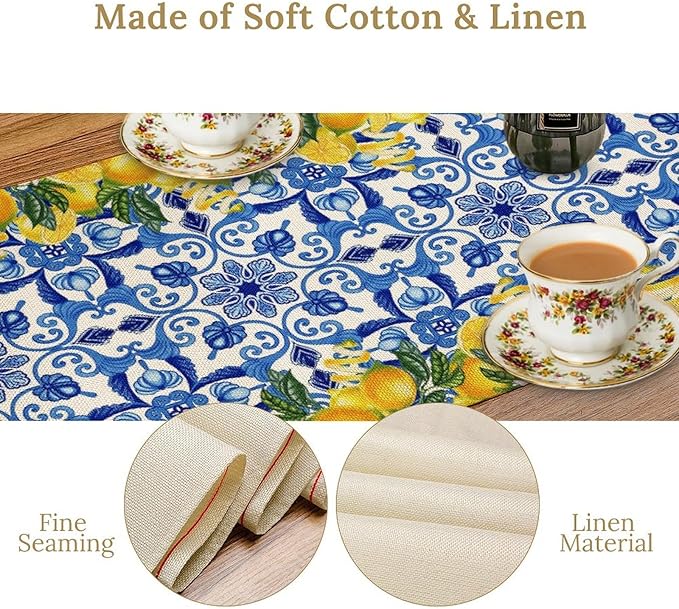 Blue Lemon Table Runner, Italy Tile Yellow Lemon Fruit Table Runners for Farmhouse Coffee Home Kitchen Dining Party Patio Indoor Outdoor 13x36in
