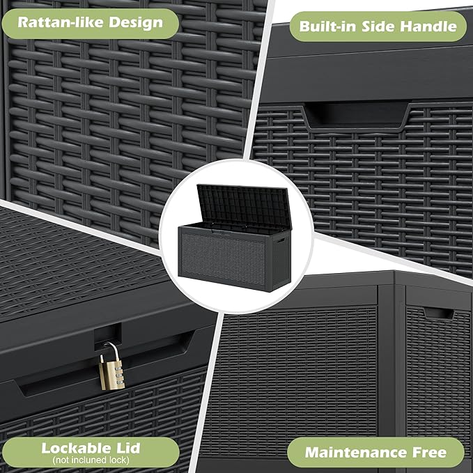 70 Gallon Outdoor Storage Deck Box Waterproof,Large Resin Storage Container for Outside,Patio Accessories for Outsid,Backyard Delivery Boxes,Lockable Lid,Rattan Black