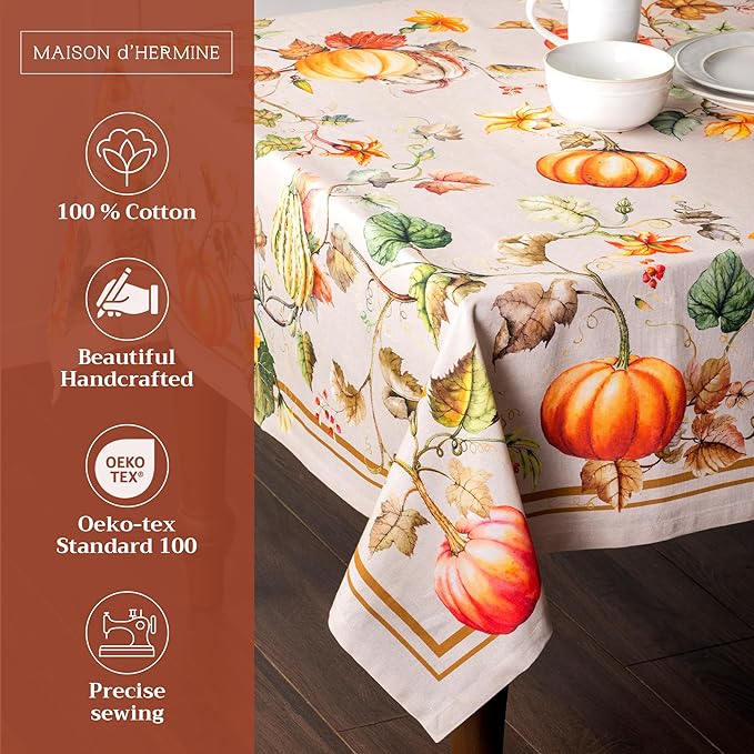 Maison d' Hermine Table Cloth Square Table 100% Cotton 60 x 60 Inches Fall Tablecloth Reusable Everyday Use for Thanksgiving Christmas Decorations Dining Farmhouse Party (Potiron)